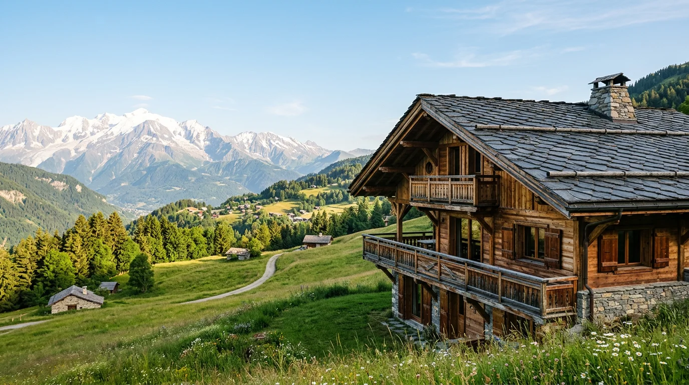 Illustration d’un chalet savoyard et de sa toiture, face aux montagnes en été
