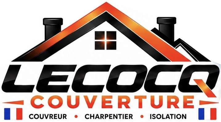 LECOCQ COUVERTURE, toiture noire et orange et drapeaux français